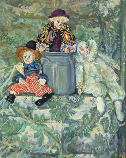 Three Clowns on Green Jacquard by Irene Veronica Marcello
