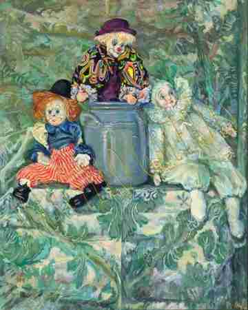 Three Clowns on Green Jacquard by Irene Veronica Marcello
