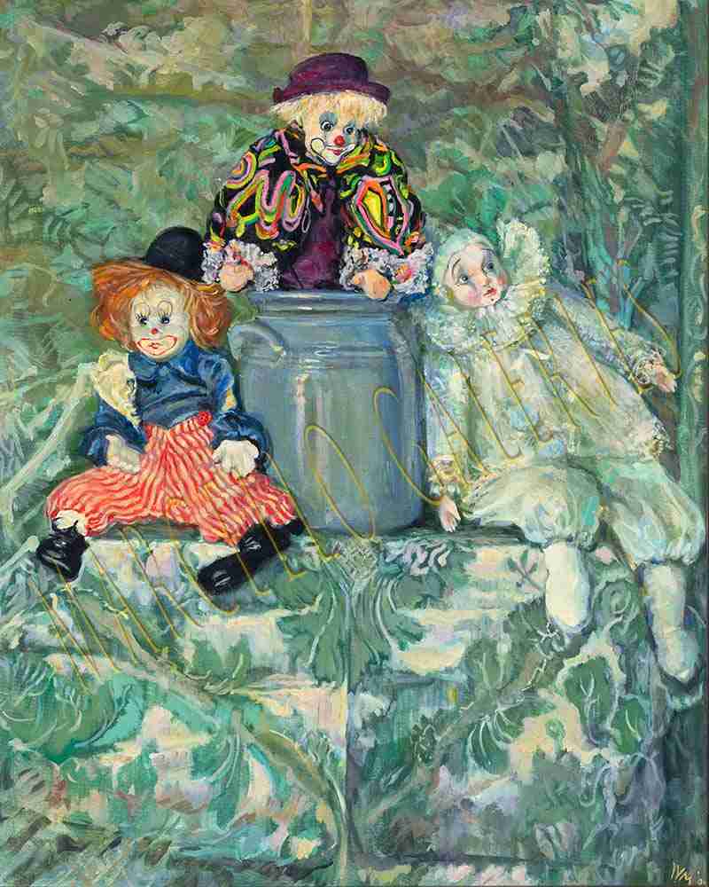 Three Clowns on Green Jacquard by Irene Veronica Marcello Three Clowns on Green Jacquard by Irene Veronica Marcello