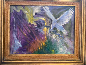 White Heron vs. Chaos by original oil painting by Irene Veronica Marcello,