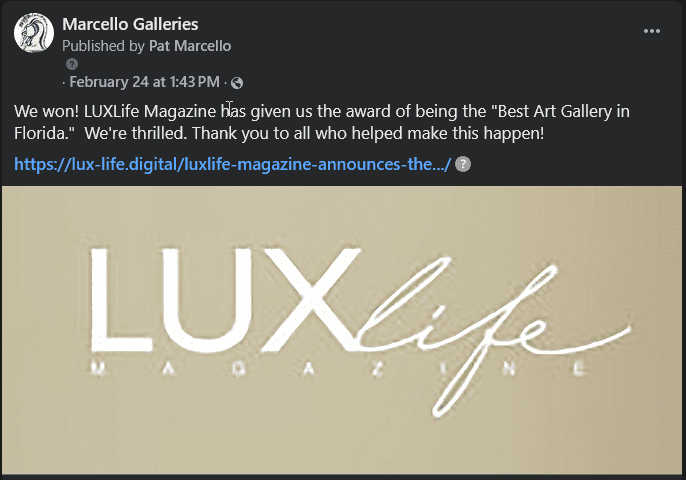 Best AG in Fla LuxLife Magazine Award to Marcello Galleries