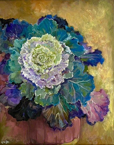 Yellow cabbage rose blossoms with layered petals on a shielded botanical arrangement by Irene Veronica Marcello (1930-2020)